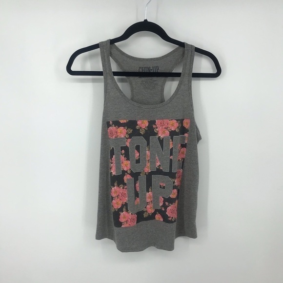 Chin-up Tone Up Gray and Pink Floral Tank Top Size XS - Picture 2 of 6